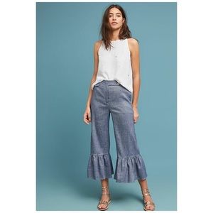 Anthropologie Ett Twa Chambray Linen Ruffle Crop Pants Size 12